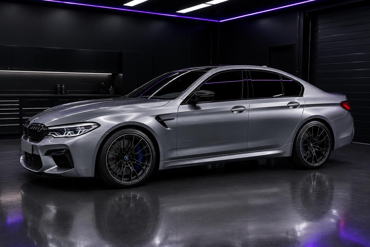 Illustrative silver sedan with tinted glass and violet workshop reflections