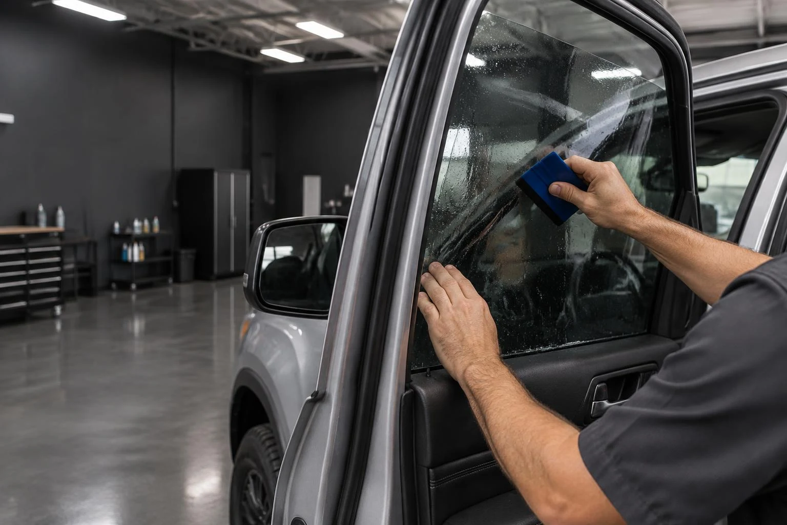 AI-generated illustration of an installer smoothing window tint film onto a pickup truck window